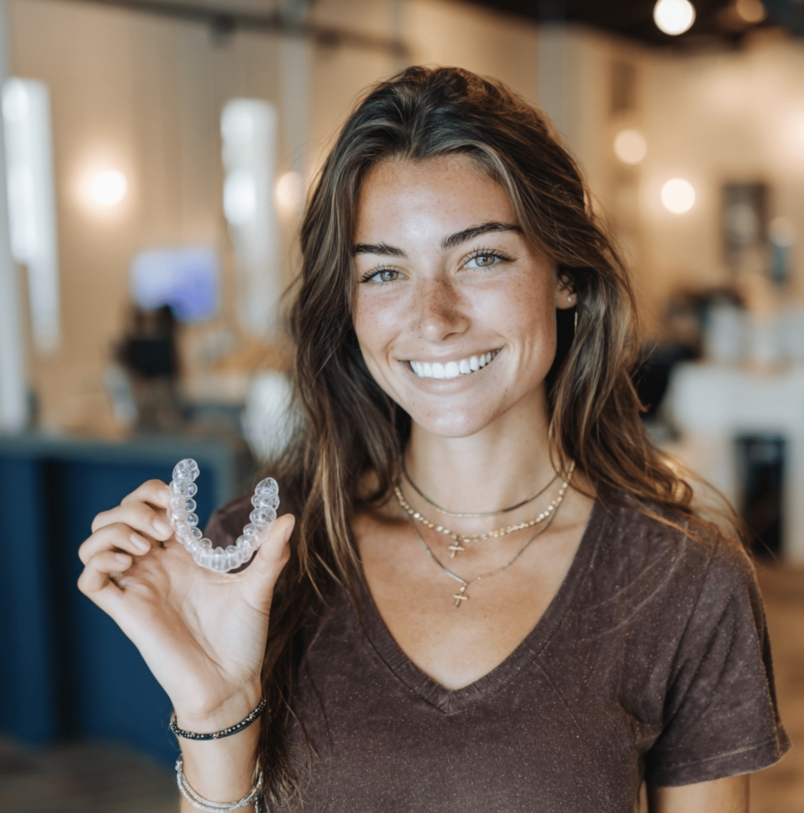 woman is happy with the discreet comfortable alternative to braces.